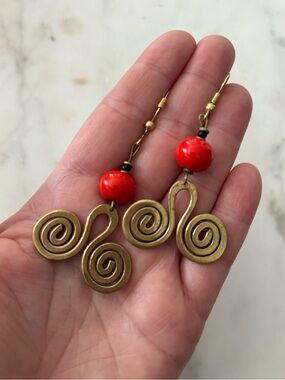 Handcrafted Brass Spiral Drop Earrings with Red Bead